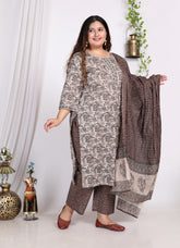 Plus Size Grey Cotton Printed Kurta Pant Set with Dupatta-200007